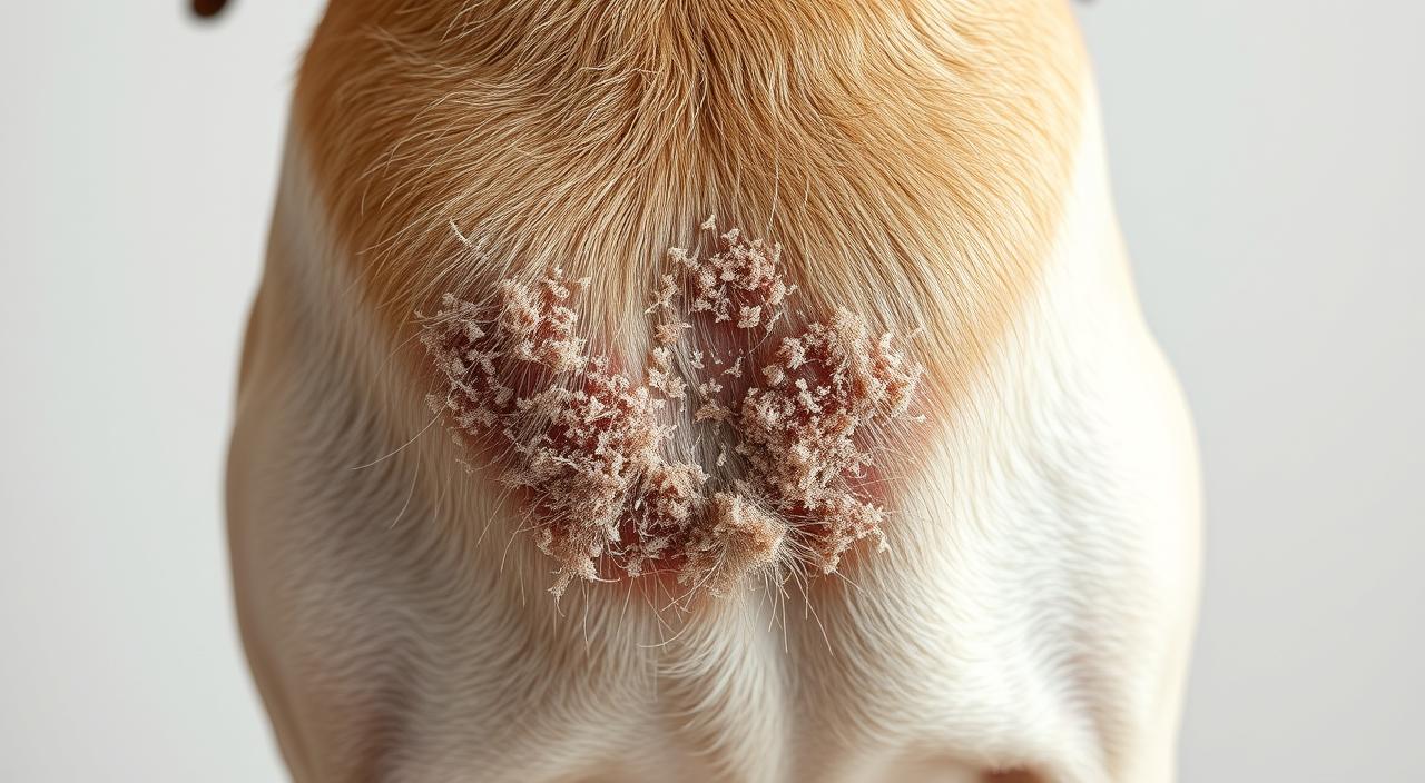 A close-up of a dog's skin, displaying visible flakes of dandruff against a neutral background. The skin texture is prominently featured, showcasing the irritation and dryness indicative of a persistent skin condition. The lighting is soft and even, casting gentle shadows to highlight the contours of the skin. The composition places the affected area in the center, capturing the details necessary for a veterinary evaluation. The overall mood is clinical yet empathetic, conveying the need for professional medical attention to address the dog's discomfort. A close-up of a dog's skin, displaying visible flakes of dandruff against a neutral background. The skin texture is prominently featured, showcasing the irritation and dryness indicative of a persistent skin condition. The lighting is soft and even, casting gentle shadows to highlight the contours of the skin. The composition places the affected area in the center, capturing the details necessary for a veterinary evaluation. The overall mood is clinical yet empathetic, conveying the need for professional medical attention to address the dog's discomfort.