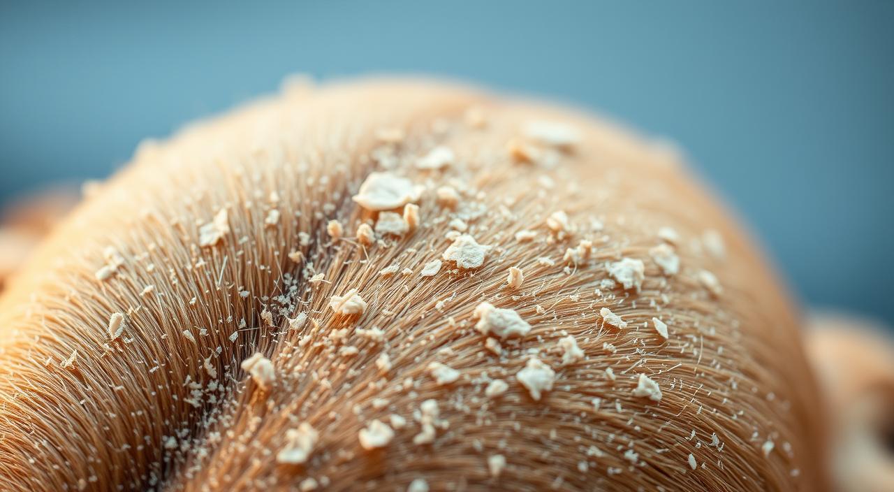 A close-up photograph of an irritated scalp with visible flakes of dandruff, illuminated by soft, warm lighting to highlight the textural details. The foreground focuses on the scaly, discolored skin, while the middle ground reveals the intricate patterns and clusters of dead skin cells. The background is blurred, creating a sense of depth and emphasis on the central subject. The overall mood is one of clinical examination, with a clean, clinical aesthetic to convey the medical nature of the condition. A close-up photograph of an irritated scalp with visible flakes of dandruff, illuminated by soft, warm lighting to highlight the textural details. The foreground focuses on the scaly, discolored skin, while the middle ground reveals the intricate patterns and clusters of dead skin cells. The background is blurred, creating a sense of depth and emphasis on the central subject. The overall mood is one of clinical examination, with a clean, clinical aesthetic to convey the medical nature of the condition.
