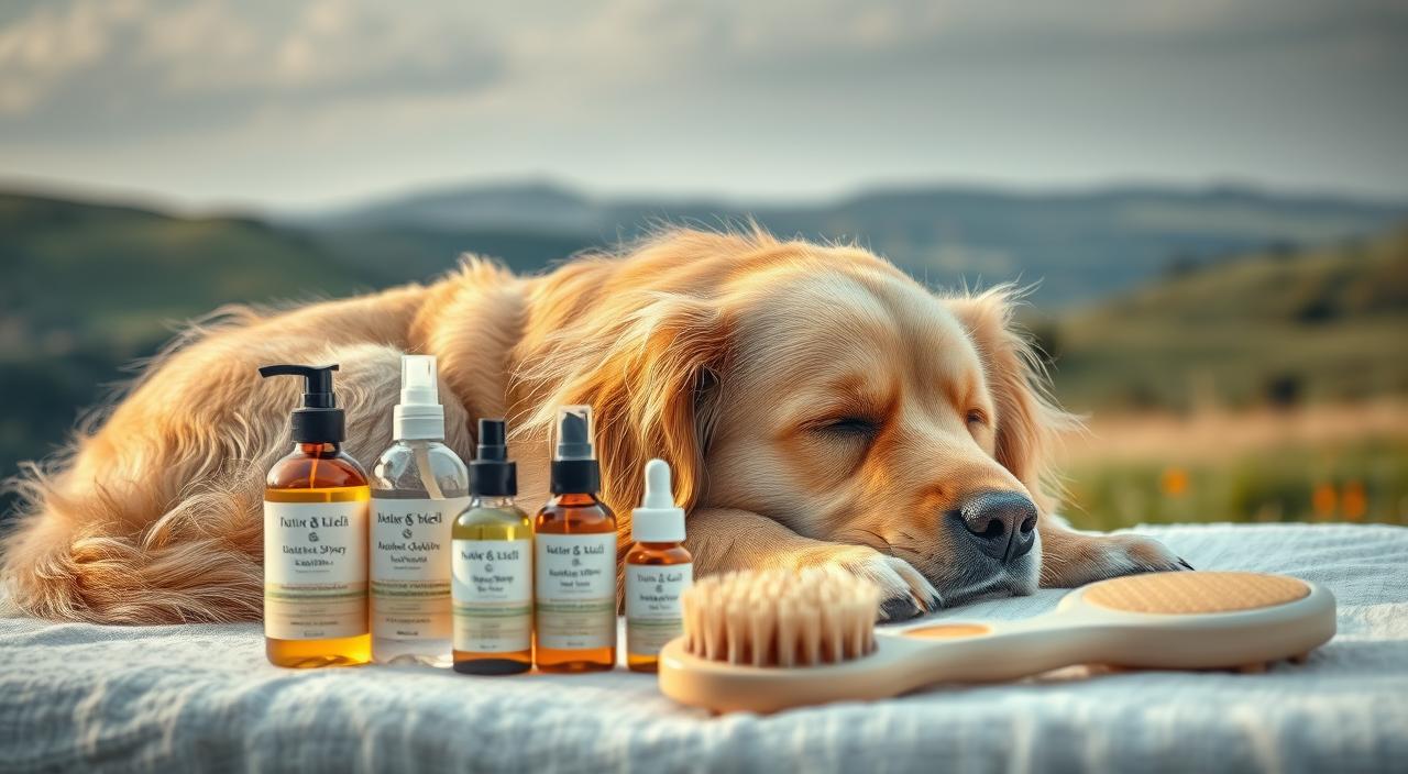 A fluffy golden retriever resting peacefully, its coat gleaming with a healthy sheen. In the foreground, an array of natural grooming products - soothing oils, calming sprays, and nourishing brushes - are arranged meticulously. Soft, diffused lighting illuminates the scene, casting a warm, comforting glow. The dog's expression is one of contentment, as if enjoying the pampering care. In the background, a serene, pastoral landscape with rolling hills and a calming sky sets the stage for this idyllic moment of canine self-care. Captured in 8K HDR, this image evokes a sense of tranquility and the importance of providing protective, soothing treatments for a dog's magnificent coat. A fluffy golden retriever resting peacefully, its coat gleaming with a healthy sheen. In the foreground, an array of natural grooming products - soothing oils, calming sprays, and nourishing brushes - are arranged meticulously. Soft, diffused lighting illuminates the scene, casting a warm, comforting glow. The dog's expression is one of contentment, as if enjoying the pampering care. In the background, a serene, pastoral landscape with rolling hills and a calming sky sets the stage for this idyllic moment of canine self-care. Captured in 8K HDR, this image evokes a sense of tranquility and the importance of providing protective, soothing treatments for a dog's magnificent coat.