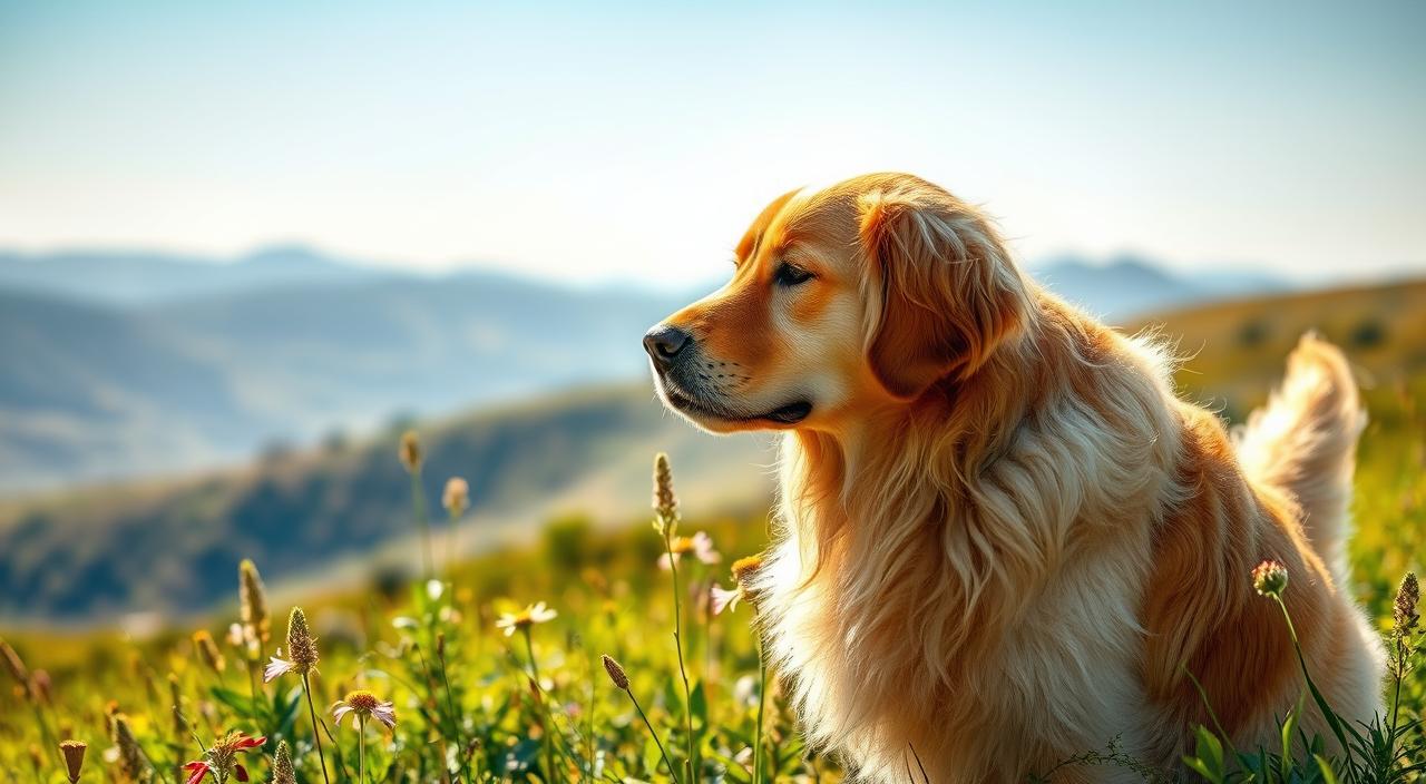A golden retriever with a lush, glossy coat stands in a sunlit meadow, the warm rays highlighting the vibrant hues of its fur. The dog's coat appears soft and healthy, with a gentle shine that reflects the natural beauty of its surroundings. In the middle ground, a variety of green foliage and wildflowers add depth and texture to the scene. The background features a hazy, dreamlike landscape with rolling hills and a clear, blue sky, creating a peaceful and serene atmosphere. The overall composition is balanced and visually striking, showcasing the dog's radiant coat in a natural, harmonious setting. A golden retriever with a lush, glossy coat stands in a sunlit meadow, the warm rays highlighting the vibrant hues of its fur. The dog's coat appears soft and healthy, with a gentle shine that reflects the natural beauty of its surroundings. In the middle ground, a variety of green foliage and wildflowers add depth and texture to the scene. The background features a hazy, dreamlike landscape with rolling hills and a clear, blue sky, creating a peaceful and serene atmosphere. The overall composition is balanced and visually striking, showcasing the dog's radiant coat in a natural, harmonious setting.